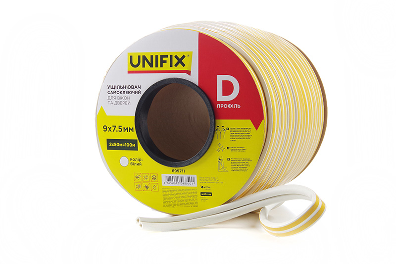 Уплотнитель самоклеящийся D 9х7,5мм профиль 100м, белый UNIFIX