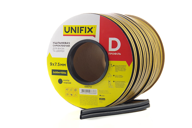 Уплотнитель самоклеящийся D 9х7,5мм профиль 100м, черный UNIFIX