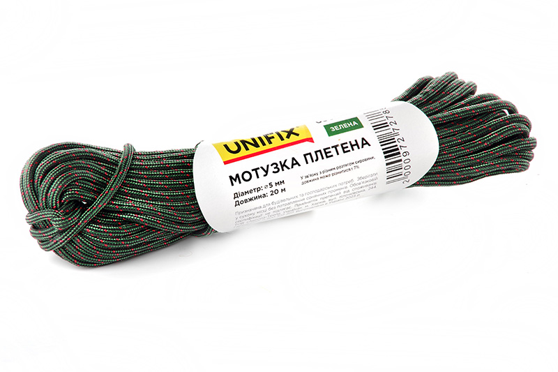 Мотузка плетена 5мм, 20м зелена UNIFIX Веревка плетеная 5мм, 20м зеленая UNIFIX