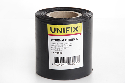 Стретч плівка 100мм, 0,4кг (20мкм) чорна, втулка 100г UNIFIX Стретч пленка 100мм 0,4кг (20мкм) черная, втулка 100г UNIFIX