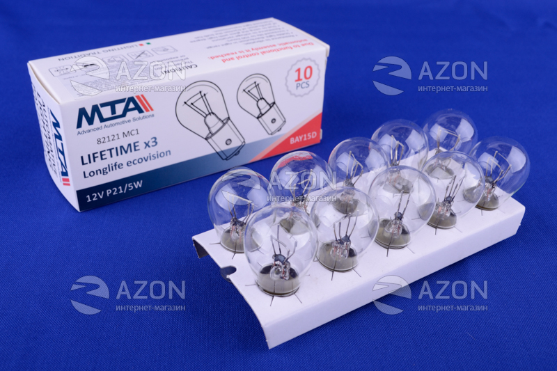 Лампа автомобільна 12V 21/5W BaY15d P21/5W (стоп-сигнали/габарити, ліхтарі заднього ходу, задні протитуманні ліхтарі) (2-х контактна) (10шт) MTA Лампа автомобильная 12V 21/5W BaY15d P21/5W (стоп-сигналы/габариты, фонари заднего хода, задние противотуманные фонари) (2-х контактная) (10шт) MTA