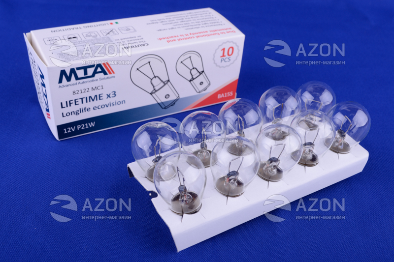 Лампа автомобільна 12V 21W Ba15s P21W (вказівники повороту (перед, зад), стоп-сигнали, габарити, ліхтарі заднього ходу, задні протитуманні ліхтарі) (10шт) MTA Лампа автомобильная 12V 21W Ba15s P21W (указатели поворота (перед, зад), стоп-сигналы, габариты, фонари заднего хода, задние противотуманные фонари) (10шт) MTA