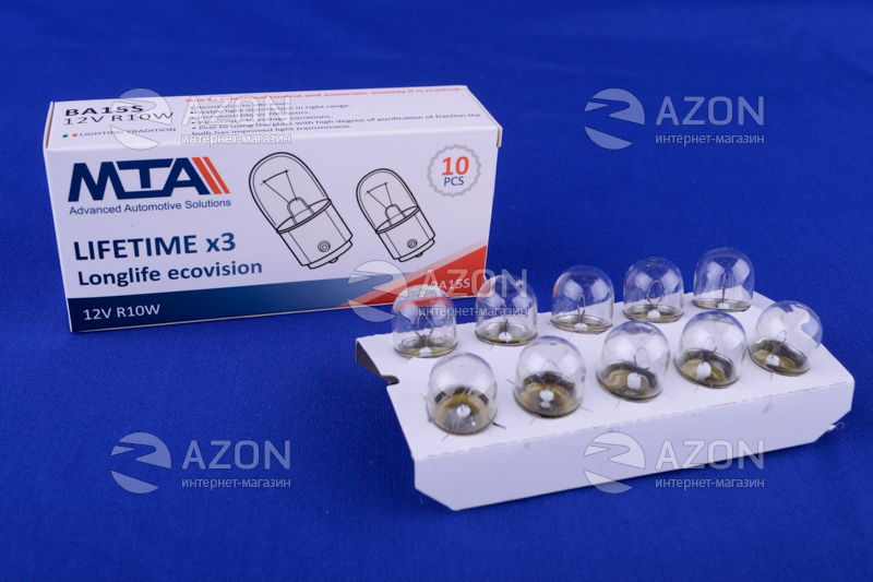 Лампа автомобільна 12V 10W Ba15s R10W (габарити, освітлення номерного знаку) (10шт) MTA Лампа автомобильная 12V 10W Ba15s R10W (габариты, освещение номерного знака) (10шт) MTA