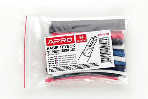 Термозбіжна трубка довжина 10см набір діам. 3, 4, 5, 6, 10мм (чорні, червоні, сині, білі) (44шт) APRO Термоусаживаемая трубка длина 10см набор диам. 3, 4, 5, 6, 10мм (черные, красные, синие, белые) (44шт) APRO