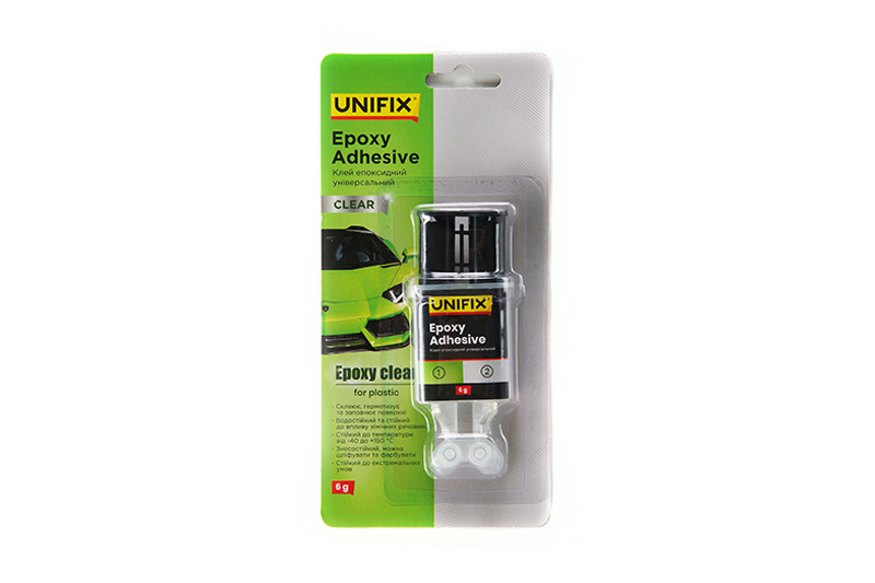 Клей епоксидний двокомпонентний для пластику шприц (прозорий) 6г UNIFIX Клей эпоксидный двухкомпонентный для пластика шприц (прозрачный) 6г UNIFIX