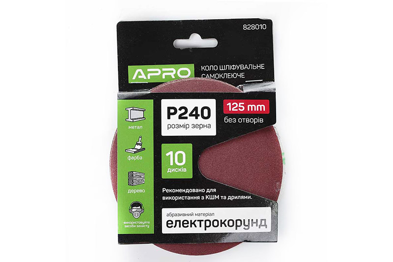 Круг шліфувальний без отворів (на липучці) Ø125мм P240 (10шт) APRO Круг шлифовальный без отверстий (на липучке) Ø125мм P240 (10шт) APRO