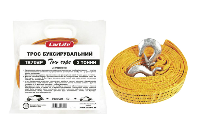 Трос стрічковий з металевими гачками 3т 4м поліетиленова сумочка TR702/P CARLIFE Трос ленточный с металлическими крючками 3т 4м сумочка полиэтиленовая TR702/P CARLIFE