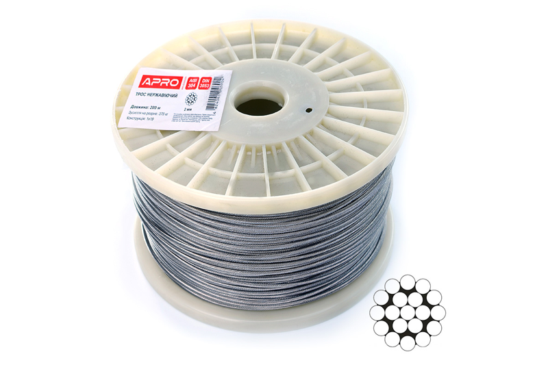 Трос 1мм DIN 3053 (1х19) нержавеющий А2 200м APRO