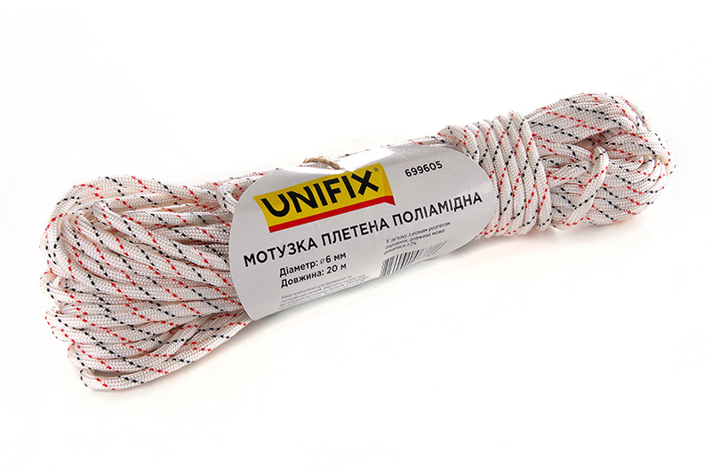 Мотузка плетена поліамідна (капронова) 6мм 20м UNIFIX Веревка полиамидная плетеная (капроновая) 6мм 20м UNIFIX
