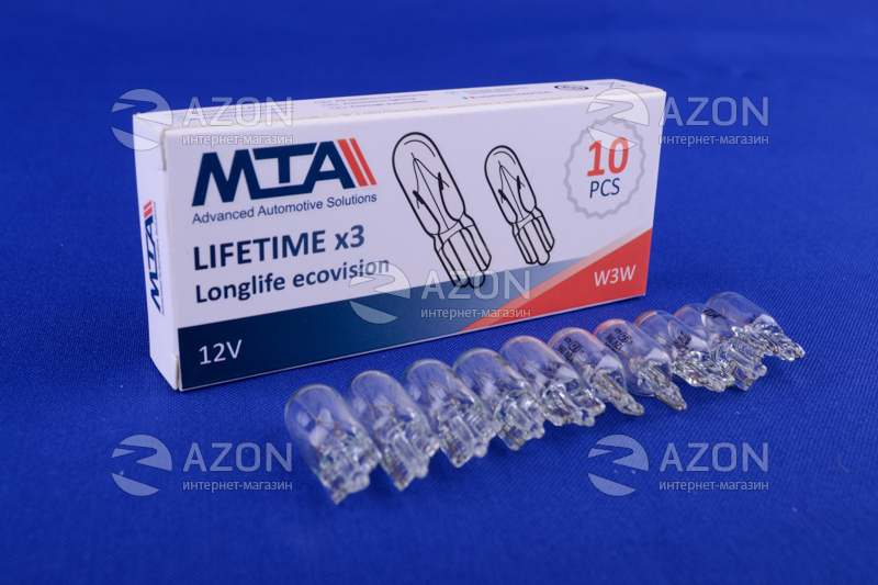 Лампа автомобільна 12V 3W W3W (стоянкове освітлення/габаритні) (10шт) MTA Лампа автомобильная 12V 3W W3W (стояночное освещение/габаритные) (10шт) MTA
