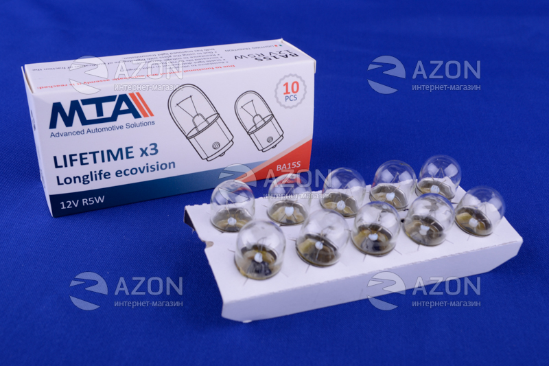 Лампа автомобільна 12V 5W Ba15s R5W (габарити, освітлення номерного знаку, стоянкове освітлення/габарити) (10шт) MTA Лампа автомобильная 12V 5W Ba15s R5W (габариты, освещение номерного знака, стояночное освещение/габариты) (10шт) MTA