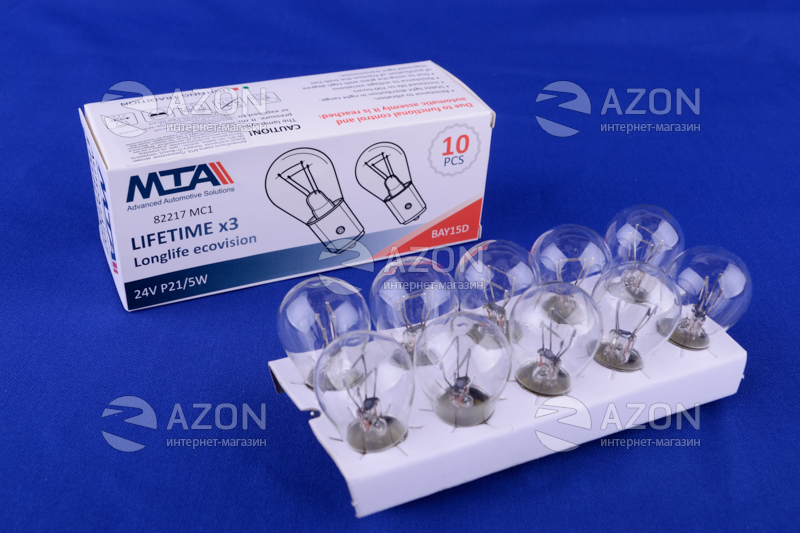 Лампа автомобільна 24V 21/5W BaY15d P21/5W (стоп-сигнали/габарити, ліхтарі заднього ходу, задні протитуманні ліхтарі) (2-х контактна) (10шт) MTA Лампа автомобильная 24V 21/5W BaY15d P21/5W (стоп-сигналы/габариты, фонари заднего хода, задние противотуманные фонари) (2-х контактная) (10шт) MTA