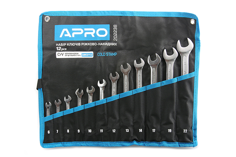 Набор ключей рожково-накидных CrV 12 шт (6-14, 17, 19, 22мм) (холодный штамп DIN3113) APRO