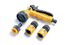 Придбати Набір: пістолет-розпилювач 7 режимів, конектори 1/2: 1/2 аквастоп, 1/2, адаптер 1/2+3/4 СИЛА Набор: пистолет-распылитель 7 режимов, коннекторы 1/2: 1/2 аквастоп, 1/2, адаптер 1/2+3/4 СИЛА